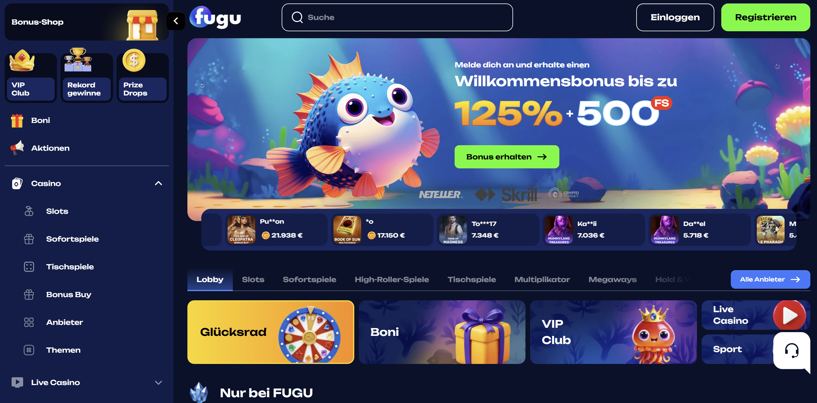 Fugu Casino Spielauswahl und Lobby
